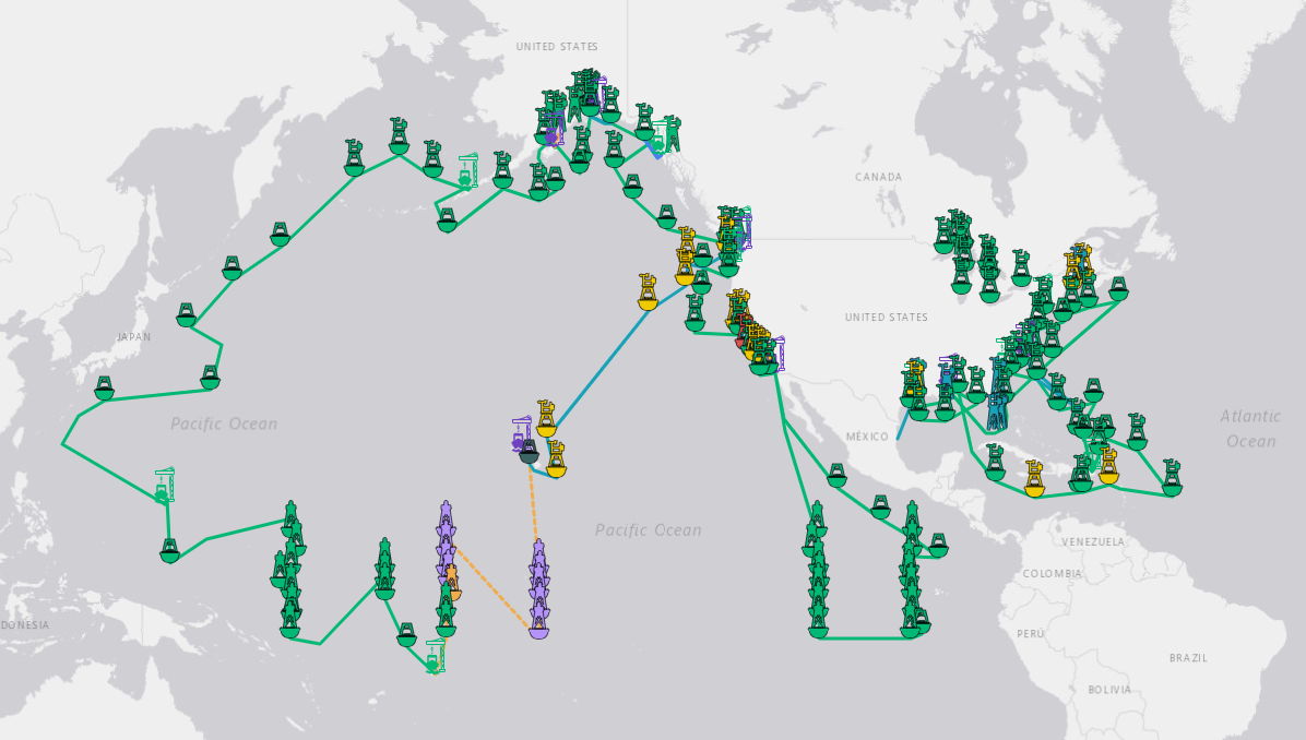 map of NDBC buoys showing an example of service vessel tracks in a given service year