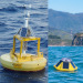 A 3-meter (~10ft) NDBC buoy (left) and a basketball-sized Sofar Ocean Spotter buoy (right).