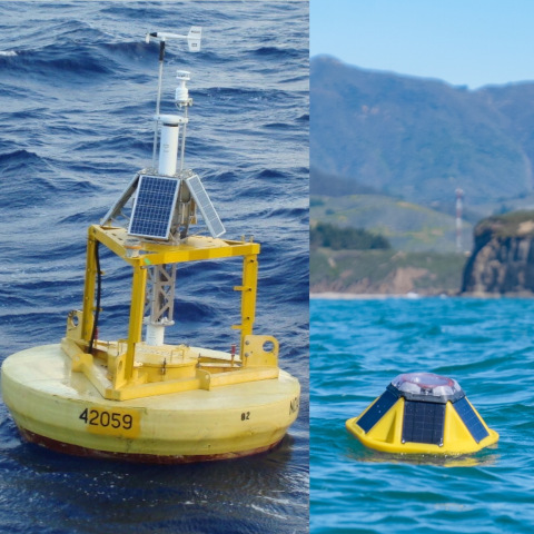 A 3-meter (~10ft) NDBC buoy (left) and a basketball-sized Sofar Ocean Spotter buoy (right). 